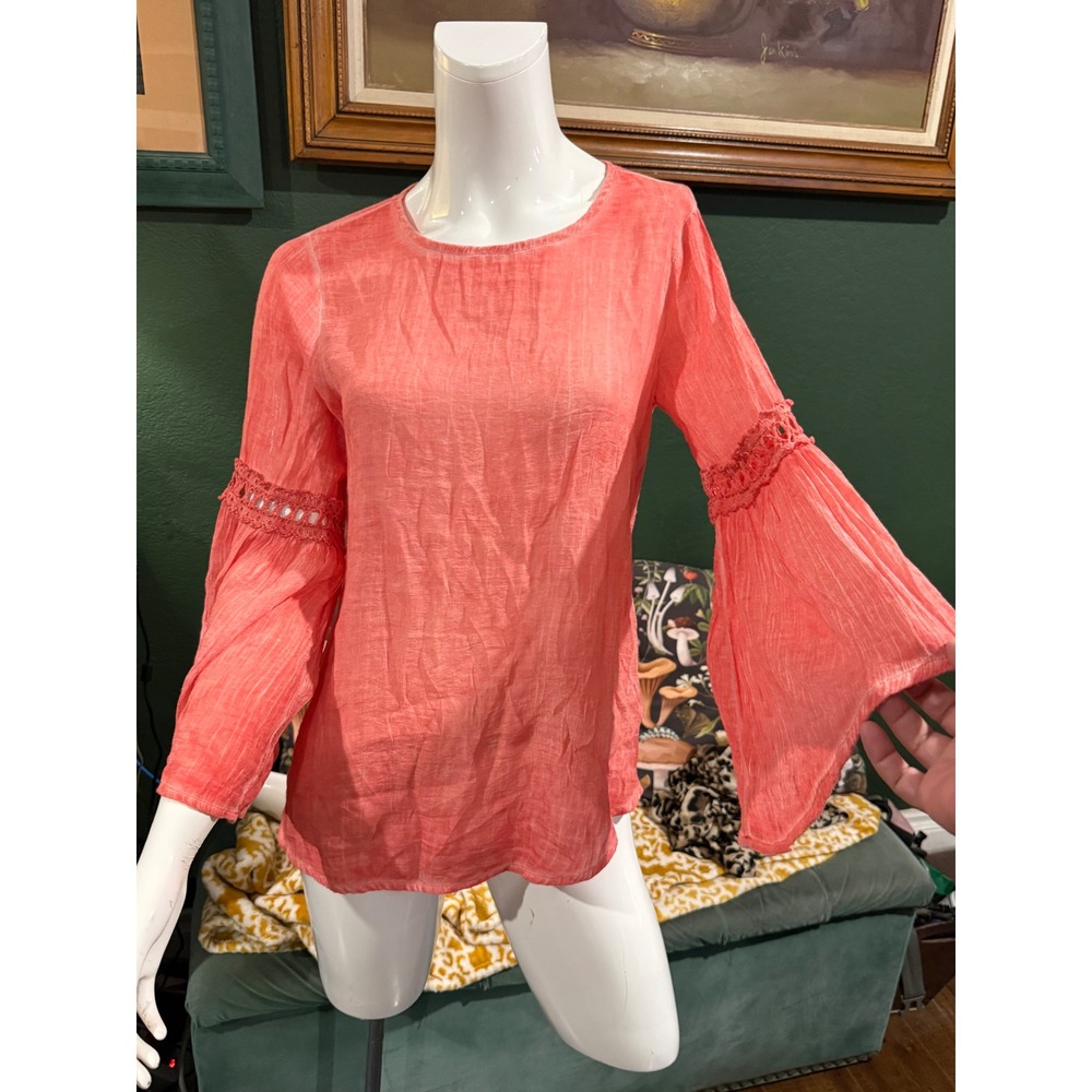 Spense Coral Pink Bell Sleeve Crochet Lace Trim Blouse Top Small